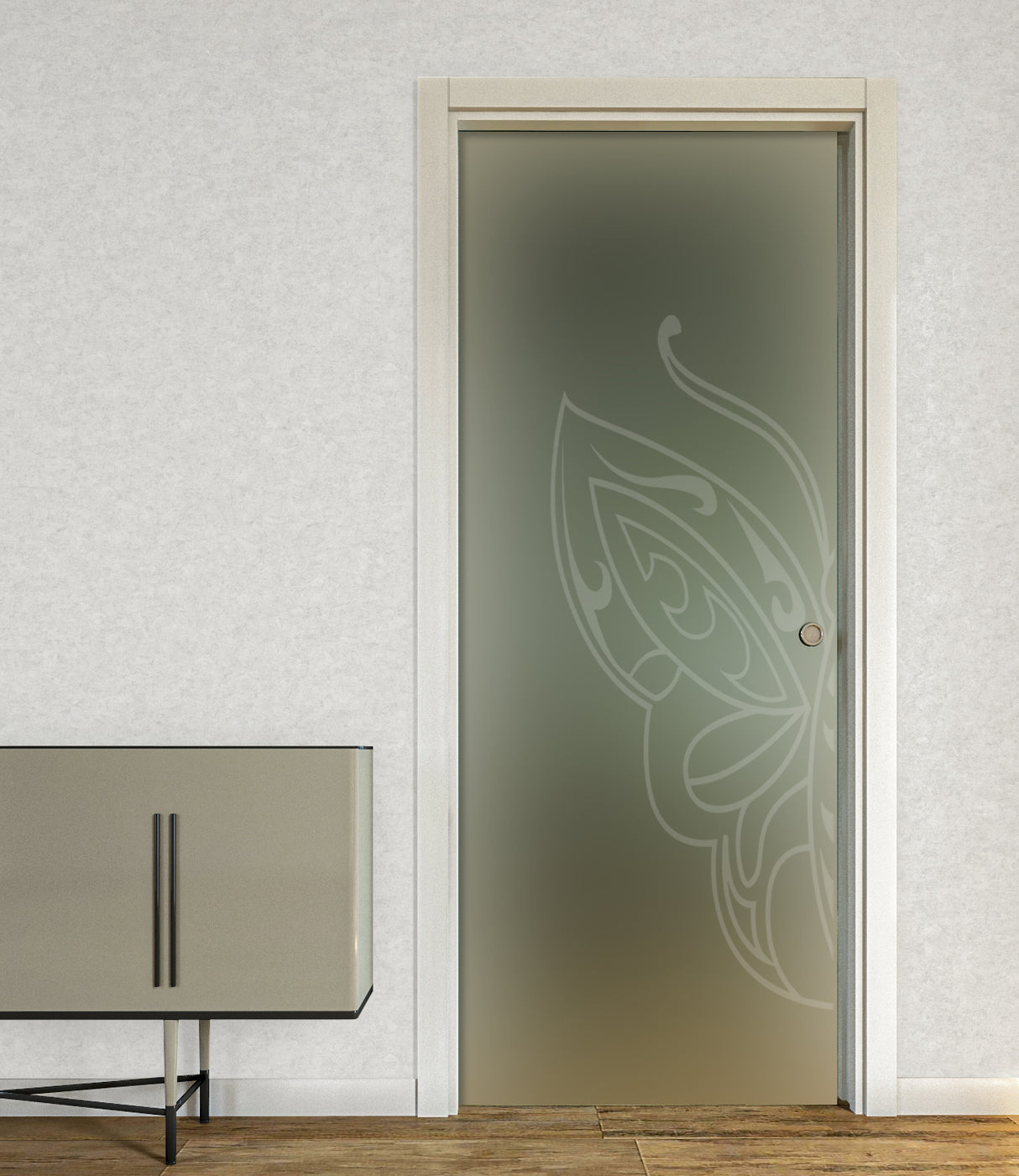 Pocket Casket Door in Satin Glass with Sandblasted Designs