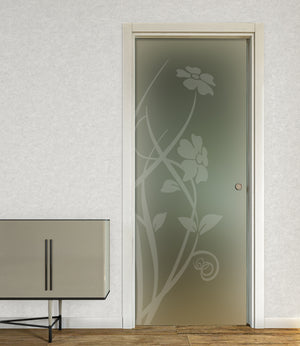 Pocket Casket Door in Satin Glass with Sandblasted Designs