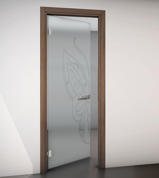 Hinged Door with Wooden Frame and Sandblasted Glass with Clear Design