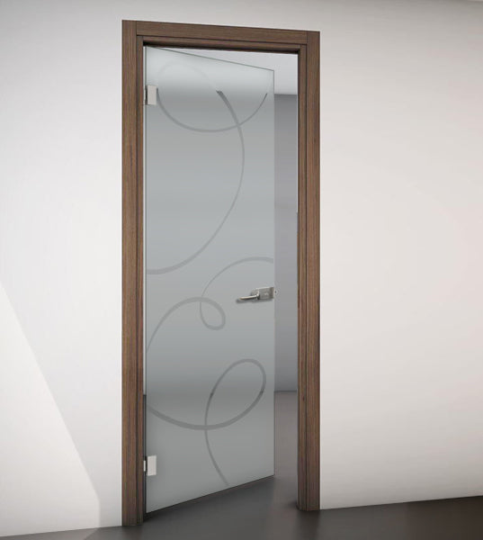 Hinged Door with Wooden Frame and Sandblasted Glass with Clear Design