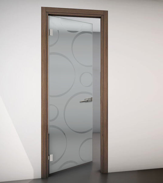 Hinged Door with Wooden Frame and Sandblasted Glass with Clear Design