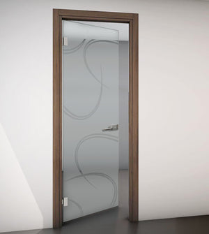 Hinged Door with Wooden Frame and Sandblasted Glass with Clear Design