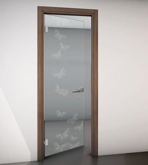 Hinged Door with Wooden Frame and Clear Glass with Sandblasted Design