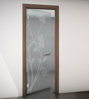 Hinged Door with Wooden Frame and Satin Glass with Sandblasted Design