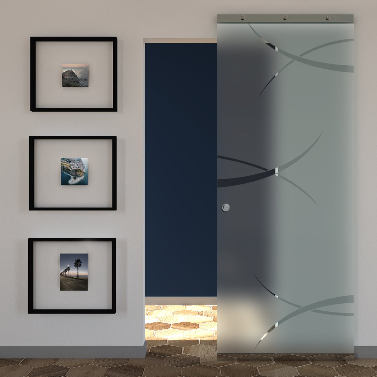 Sliding Sandblasted Glass Door and Transparent Design with Invisible Magical Track