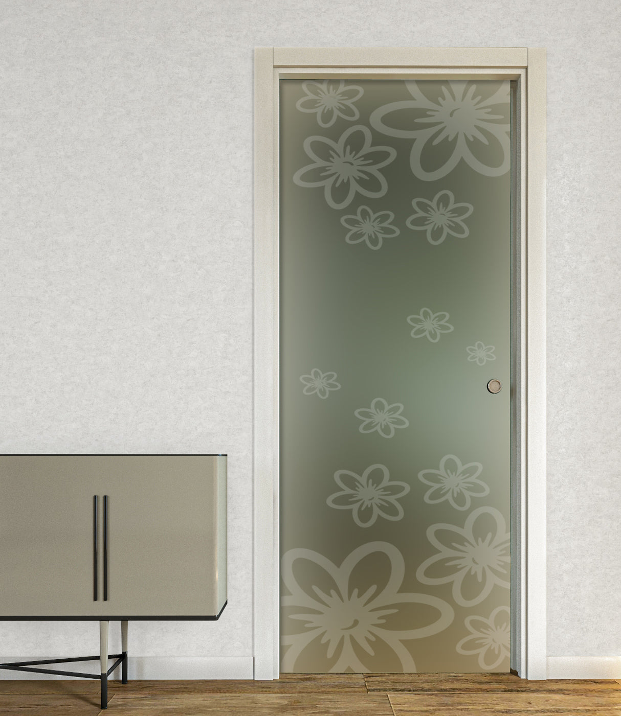 Pocket Casket Door in Satin Glass with Sandblasted Designs