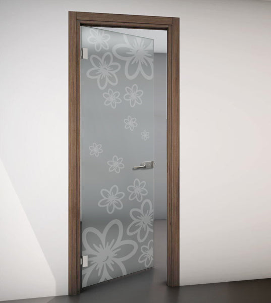 Hinged Door with Wooden Frame and Satin Glass with Sandblasted Design