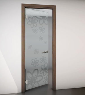 Hinged Door with Wooden Frame and Sandblasted Glass with Clear Design