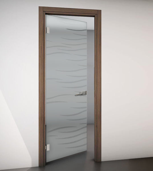 Hinged Door with Wooden Frame and Sandblasted Glass with Clear Design