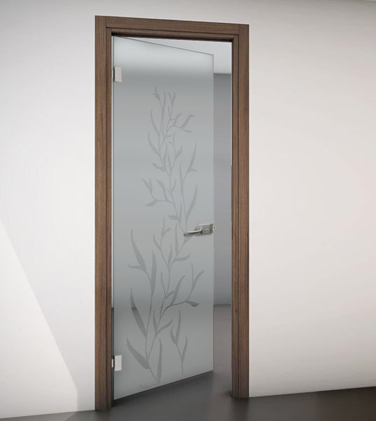 Hinged Door with Wooden Frame and Sandblasted Glass with Clear Design