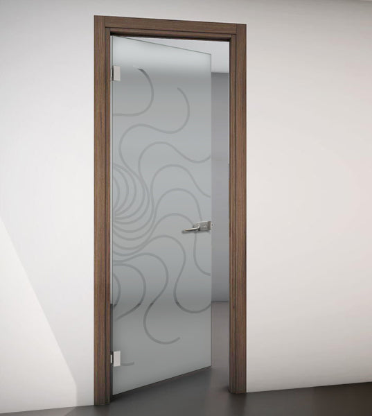 Hinged Door with Wooden Frame and Sandblasted Glass with Clear Design