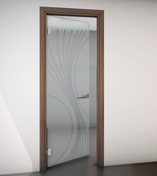 Hinged Door with Wooden Frame and Sandblasted Glass with Clear Design