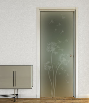 Pocket Casket Door in Satin Glass with Sandblasted Designs