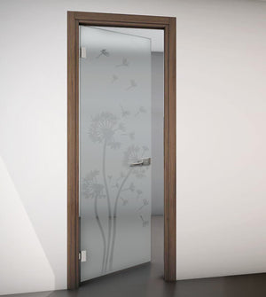 Hinged Door with Wooden Frame and Sandblasted Glass with Clear Design