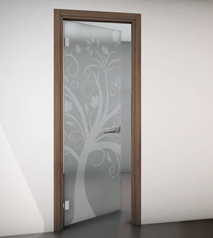 Hinged Door with Wooden Frame and Satin Glass with Sandblasted Design