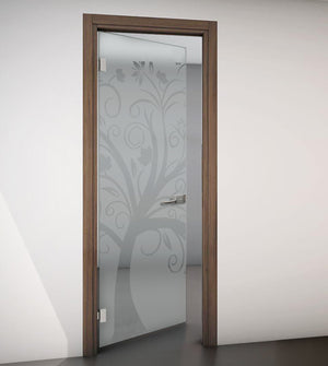 Hinged Door with Wooden Frame and Sandblasted Glass with Clear Design