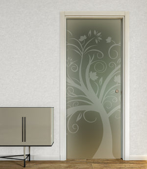 Pocket Casket Door in Satin Glass with Sandblasted Designs