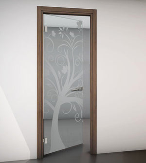 Hinged Door with Wooden Frame and Clear Glass with Sandblasted Design