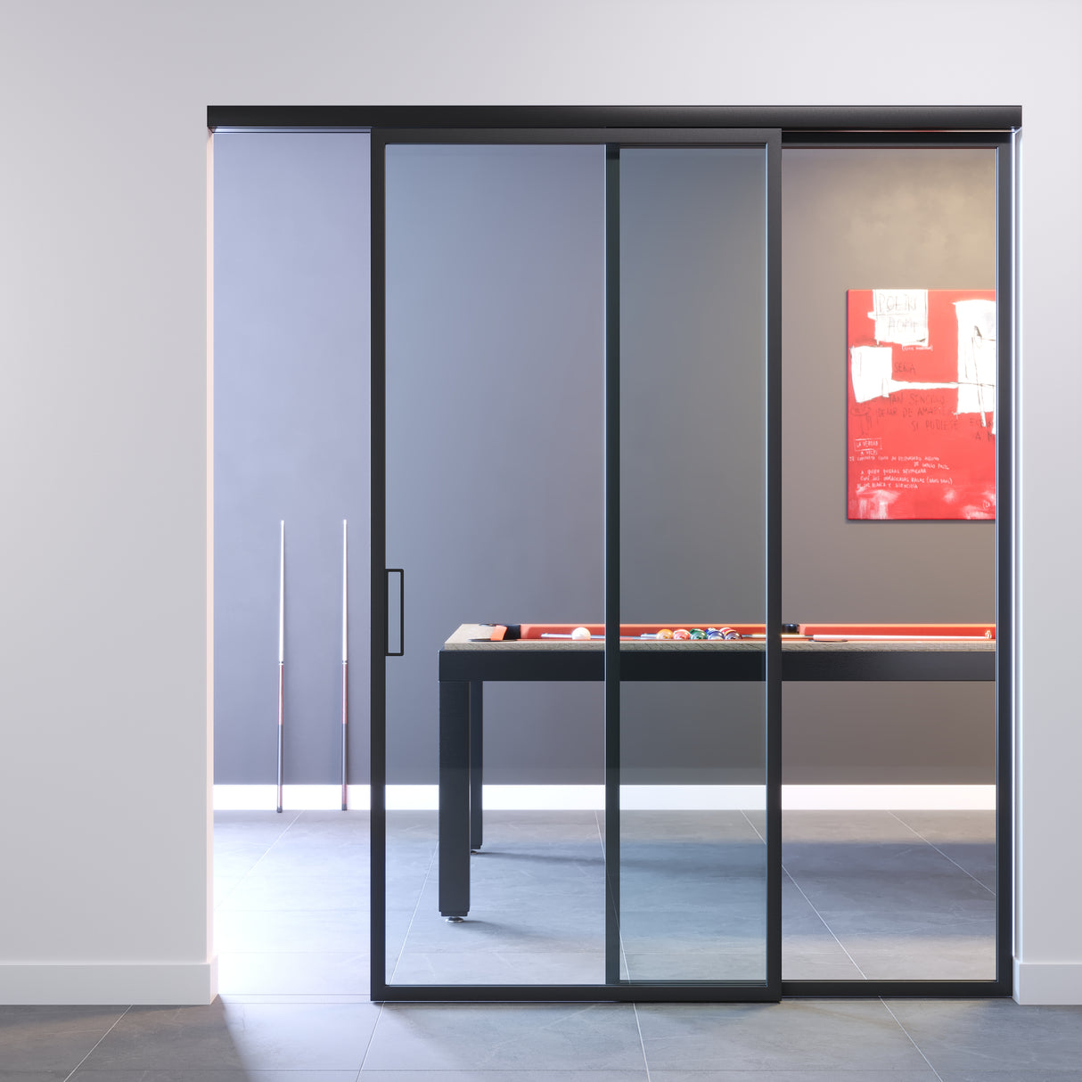 Partition wall in transparent glass with 2 profiled doors