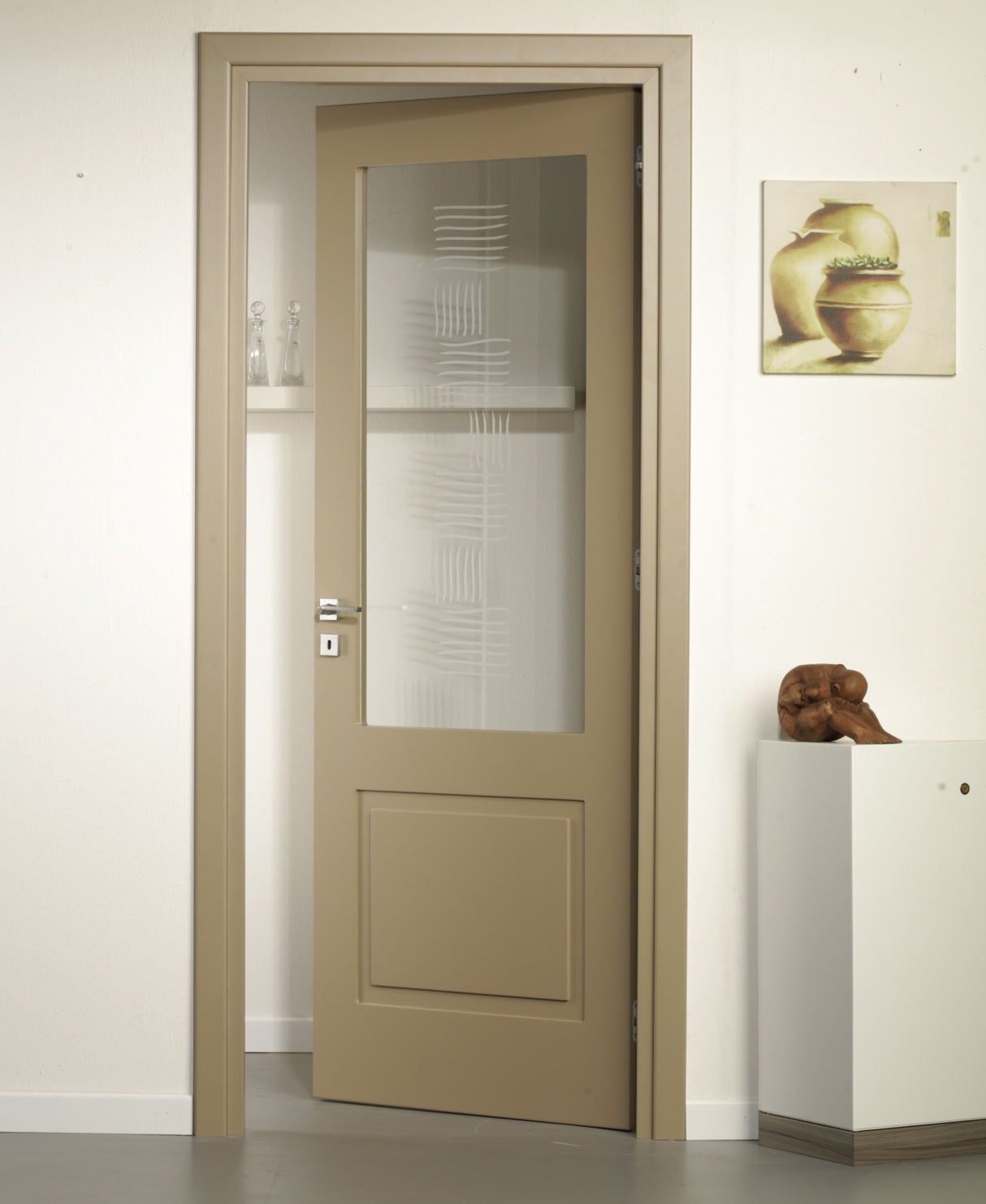 Hinged Laminate Door with Transparent Glass Compartment with Engraving