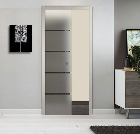 Porte a Scomparsa in Vetro Satinato con Righe Trasparenti - Vero Legno - Bianco - NICCHIA TONDA CROMATA - VETRO SCORREVOLE - 60x210x0,8