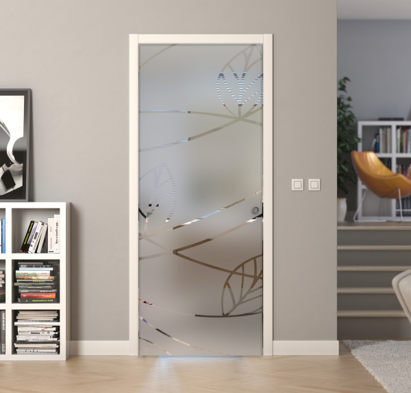 Porte a scrigno vetro sabbiato a disegno trasparente - EVO FOGLIE - Laminato - Bianco - 70x210x0,8