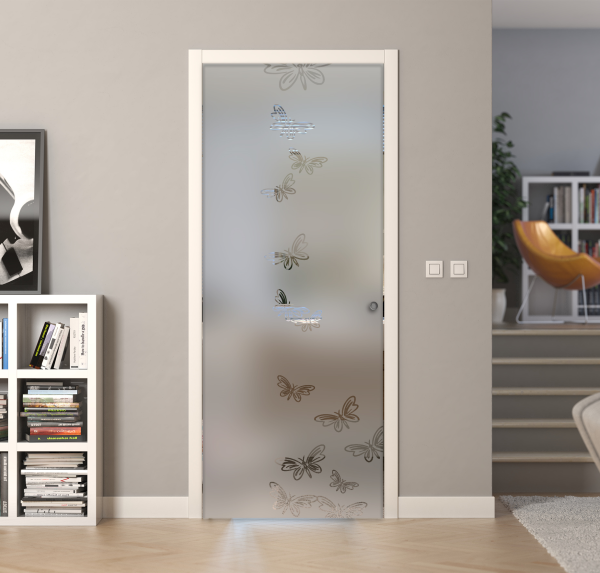 Porte a scrigno vetro sabbiato a disegno trasparente - EVO FARFALLE - Laminato - Bianco - 70x210x0,8