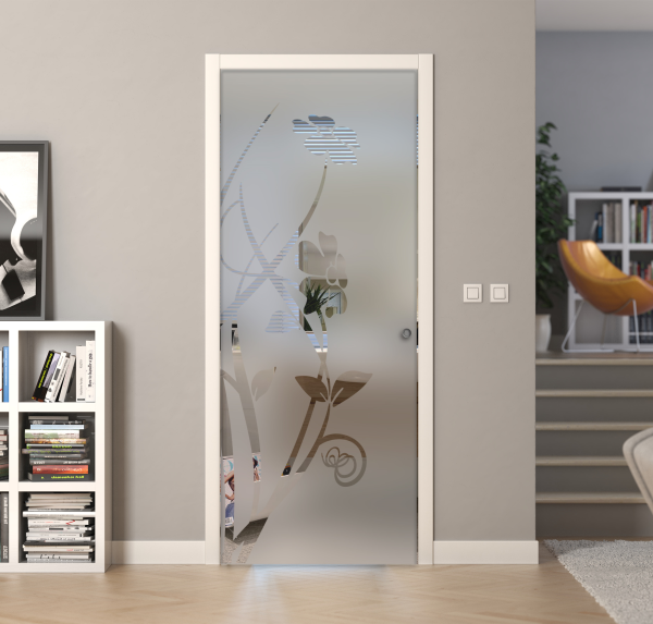 Porte a scrigno vetro sabbiato a disegno trasparente - EVO FLOWER TWO - Laminato - Bianco - 70x210x0,8