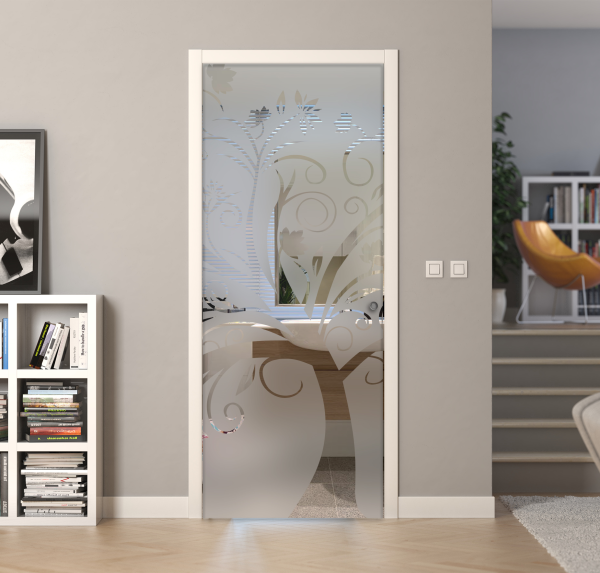 Porte a scrigno vetro sabbiato a disegno trasparente - EVO ALBERO - Laminato - Bianco - 70x210x0,8