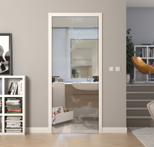 Porte a scrigno vetro trasparente a disegno sabbiato - EVO FARFALLE - Laminato - Bianco - 70x210x0,8