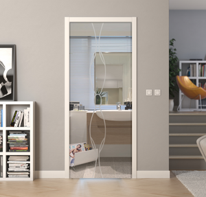 Porte a scrigno vetro trasparente a disegno sabbiato - EVO RING - Laminato - Bianco - 70x210x0,8