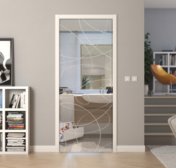 Porte a scrigno vetro trasparente a disegno sabbiato - EVO SCRIBE - Laminato - Bianco - 70x210x0,8